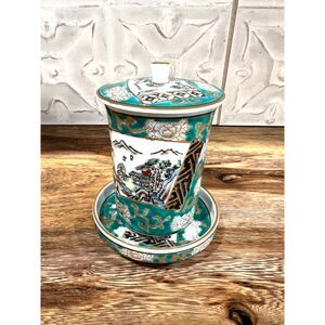 Vintage Hand Painted Imari Japan Lidded Yunomi Tea Cup & Saucer Turquoise Gold